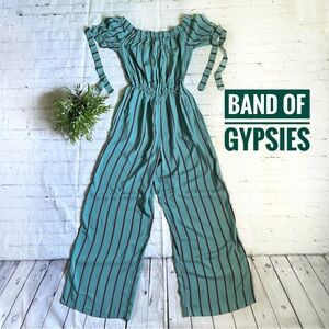 BAND OF GYPSIES Blue Green Pinstripe Off Shoulder Jumpsuit